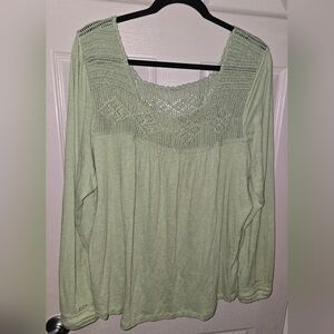 Soft Surroundings Sage Green Crochet Trim Light Flowy Boho Peasant Blouse Top L